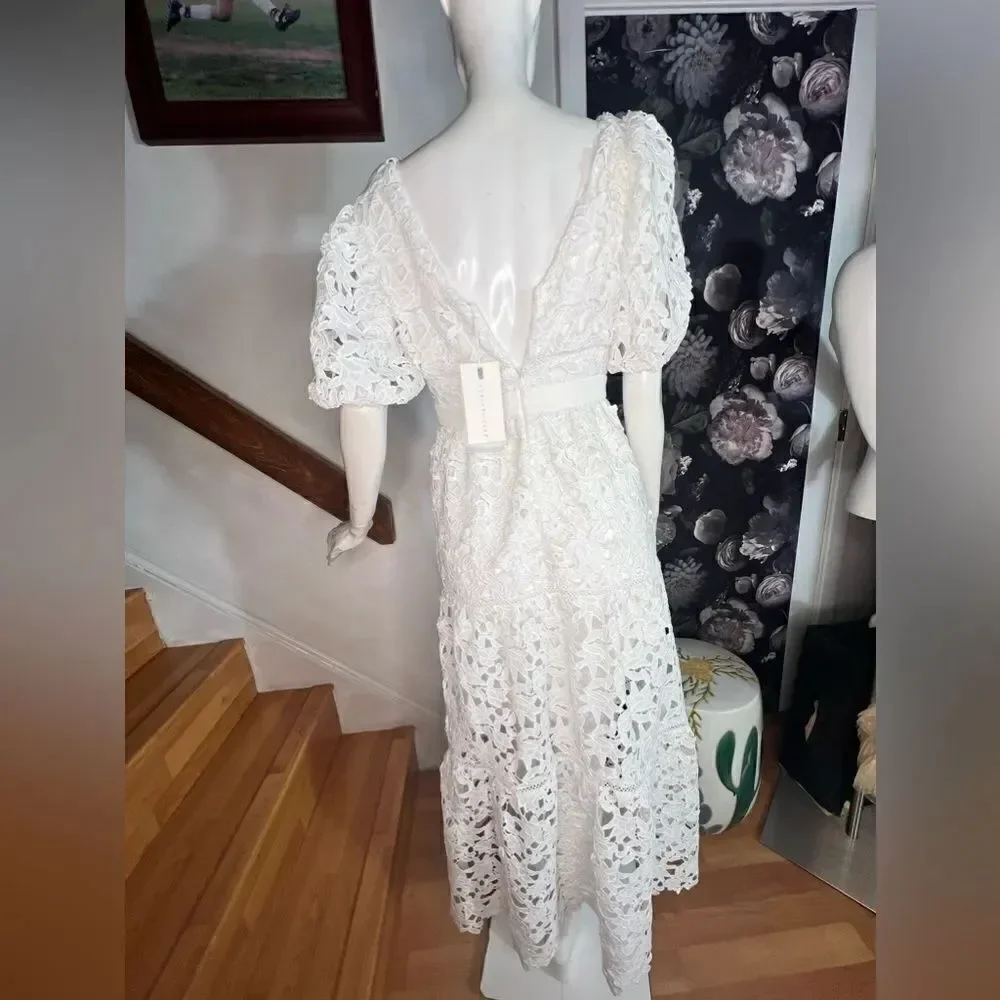 Anthropologie Endless Rose V-Neck Puff-Sleeve Lace Tiered Maxi Dress/ size XS